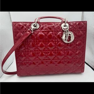 EUC- Christian Dior Lady Dior Large Tote-Red Patent Cannage Leather